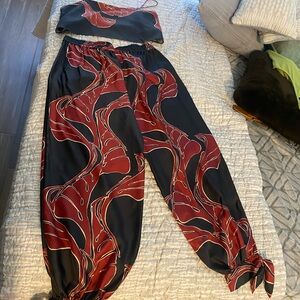 Banana Republic Black and Burgundy Silk Top with Matching Pants Set